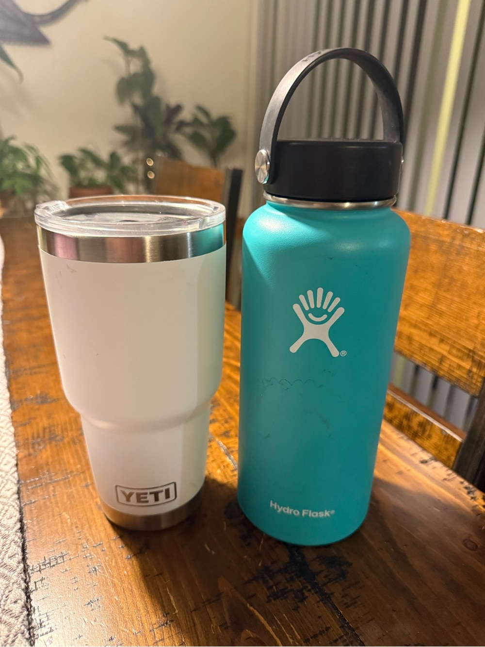 Yeti White Tumbler and Teal Hydro Flask Bottle
